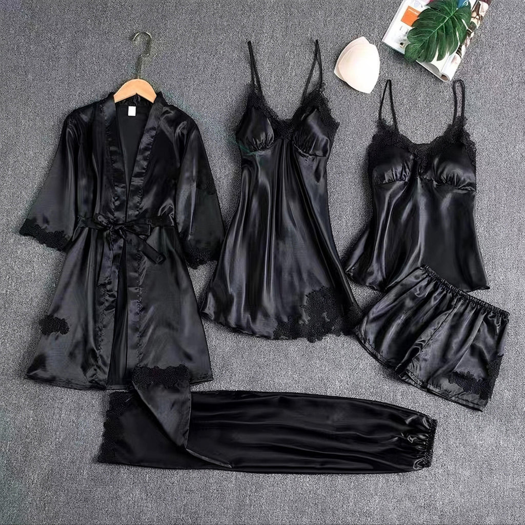 6 Piece Romantic Bridal Night Suit for Women and Girls 100% Premium Silk Set