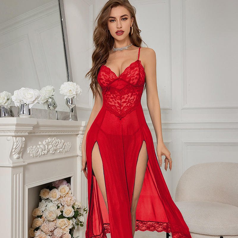 Long Nightdress Two-pieces Hollow Out Low Cut with Light slip Underwear