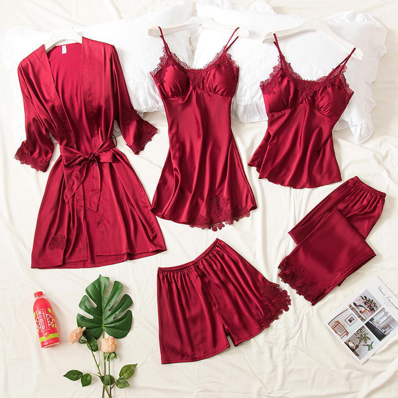 6 Piece Romantic Bridal Night Suit for Women and Girls 100% Premium Silk Set