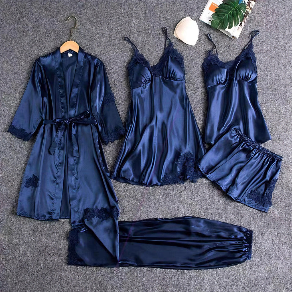 6 Piece Romantic Bridal Night Suit for Women and Girls 100% Premium Silk Set