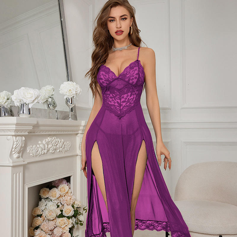 Long Nightdress Two-pieces Hollow Out Low Cut with Light slip Underwear
