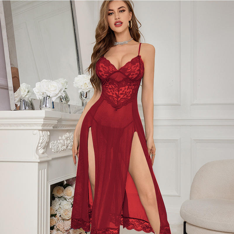 Long Nightdress Two-pieces Hollow Out Low Cut with Light slip Underwear