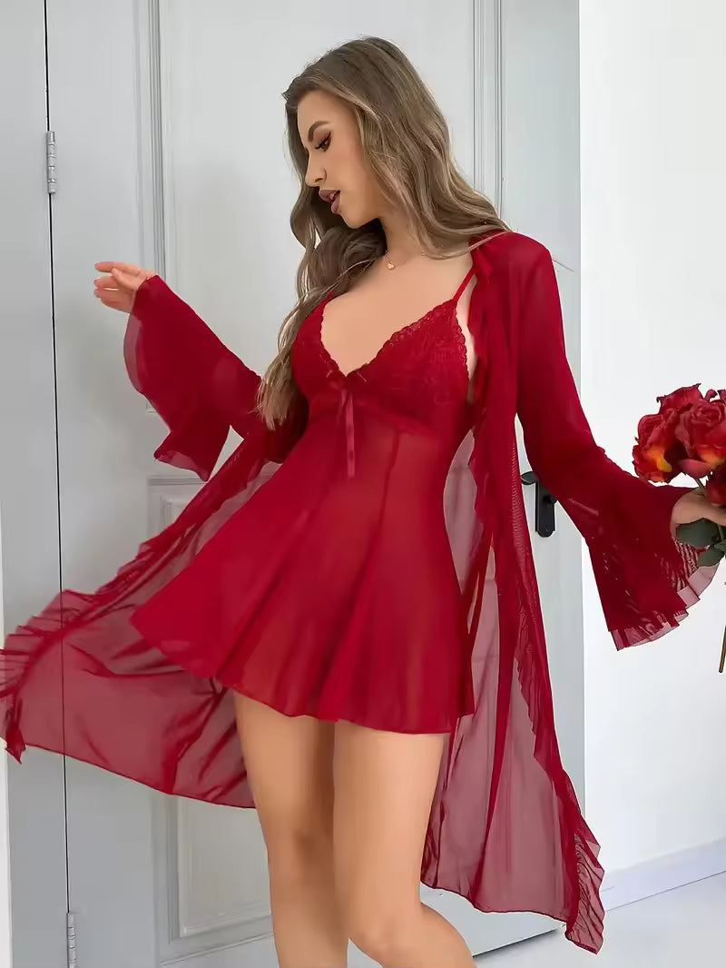 3-Piece Sleepwear Set Breathable Lace Suspenders Nightdress Deep V