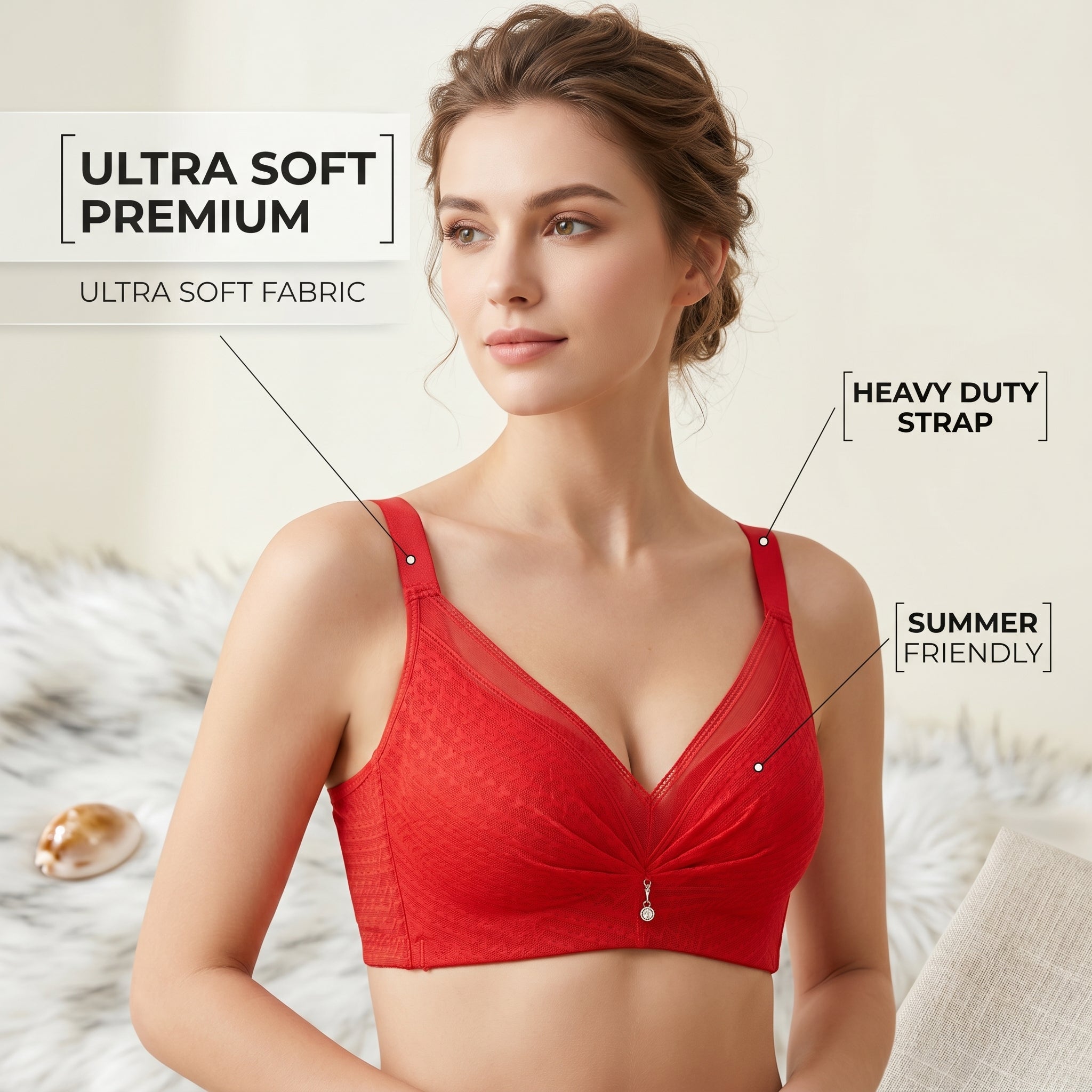 Femorah Red Elegant Ruched Seamless Comfort Bra
