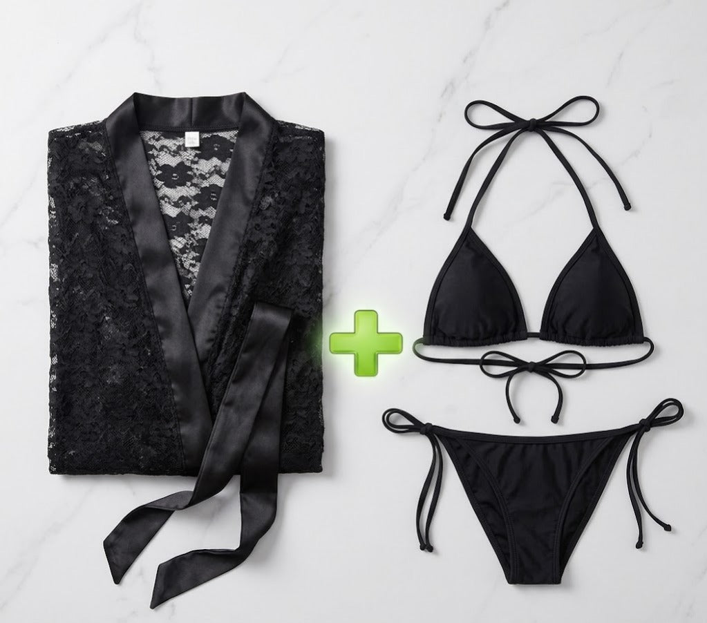 Luxe Lace Robe & Bikini Set – Black | 3 Piece | Femorha