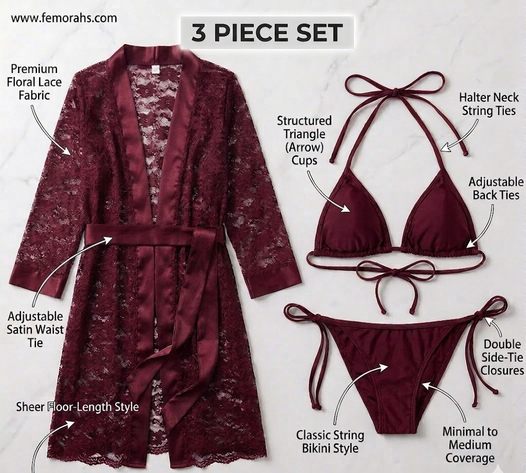 Luxe Lace Robe & Bikini Set – Deep Red | 3 Piece | Femorha