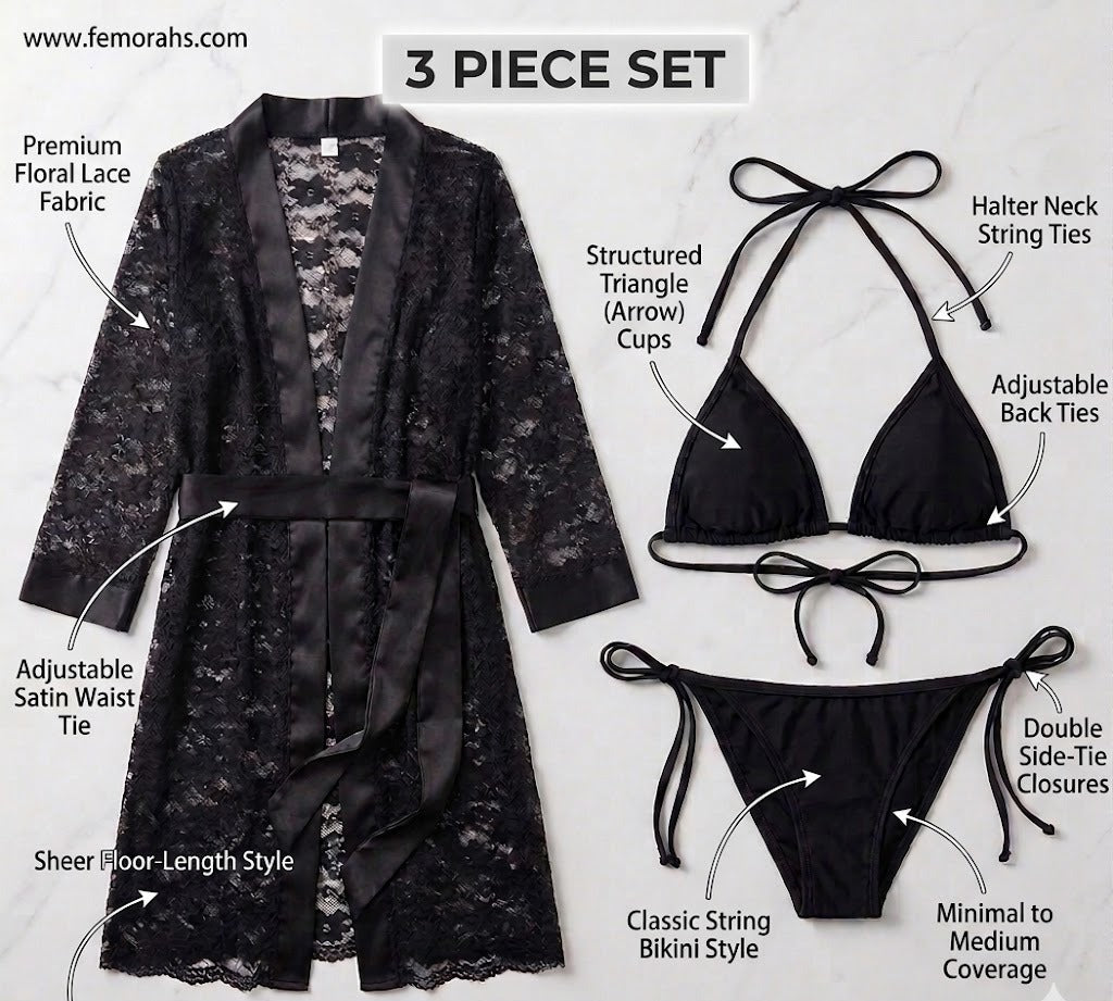 Luxe Lace Robe & Bikini Set – Black | 3 Piece | Femorha