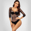 Long Sleeve Sparkle Fishnet Teddy Bodysuit See-Through Body Stocking