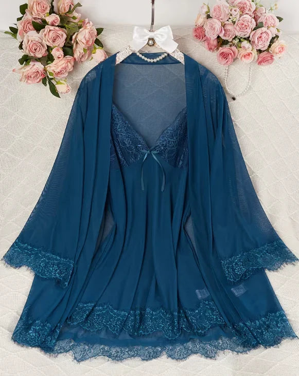 3-Piece Sleepwear Set Breathable Lace Suspenders Nightdress Deep V